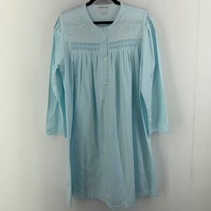 Miss Elaine Womens XL Light Blue Fleece Lined Nightgown Floral Smocked Modest